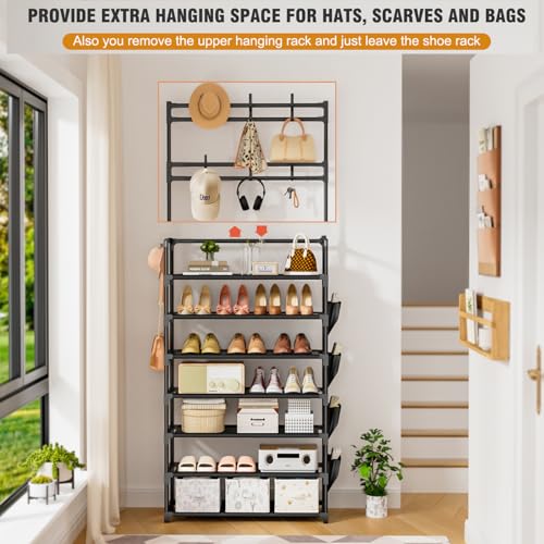 OYREL Shoe Rack 7 Tier Shoe Organizer Storage 21-28 Pairs Closet Shoes Rack for Front Door Entrance Shoe Rack Organizer with Hooks Side Pocket Entryway Large Capacity Shoe Shelf Tower Garage - color: Black, size: 7 Tier (23.6"Wx 65.4"H)