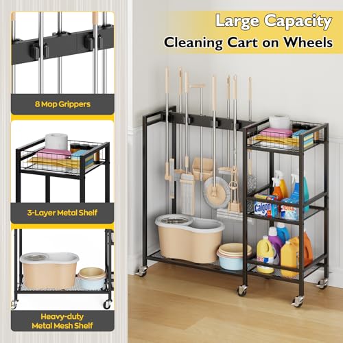 Broom Holder with Cleaning Supplies Organizer, Movable Broom Closet Storage Cabinet with Cleaning Caddy, Cleaning Cart with Mop Rack, Janitorial Housekeeping Cart on Wheels, Laundry Room Organization - size: Large