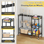 Broom Holder with Cleaning Supplies Organizer, Movable Broom Closet Storage Cabinet with Cleaning Caddy, Cleaning Cart with Mop Rack, Janitorial Housekeeping Cart on Wheels, Laundry Room Organization - size: Large