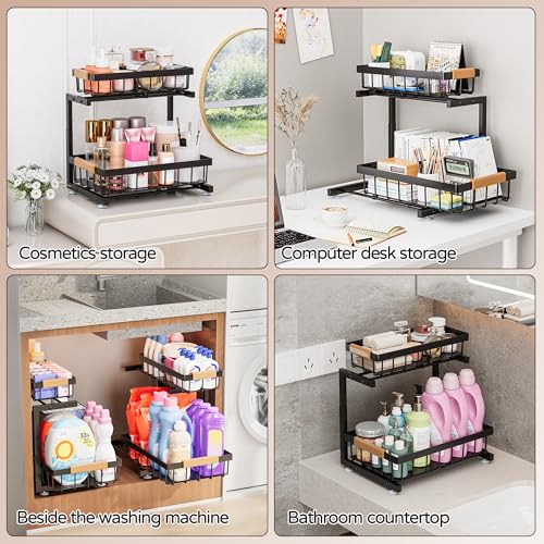ADBIU Under Sink Organizer, 2 Pack 2 Tier Expandable Height (13.2" - 17.2") Pull out Kitchen Bathroom Cabinet Organizers and Storage Shelf - color: Black, size: Large Size