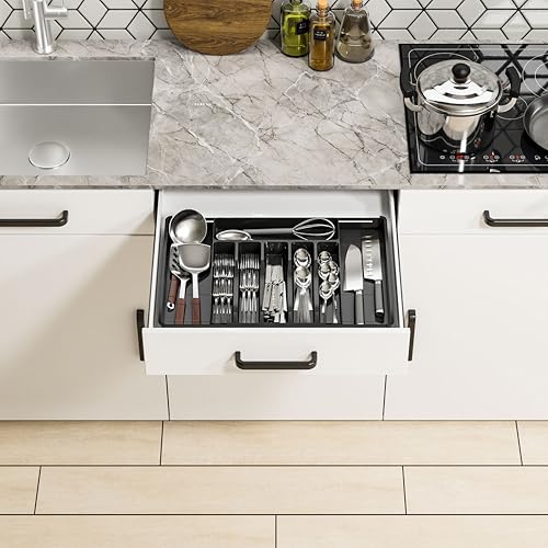 Silverware Drawer Organizer, Expandable Utensil Tray for Kitchen Drawers, BPA Free Flatware and Cutlery Holder, Adjustable Plastic Storage for Utensil like Spoons, Forks, Knives.Black - color: Black-8 grid