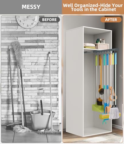 Pull Out Broom Holder, Multifunctional Slide Broom And Mop Storage/Organizer With Adjustable Double Row Sliding Hook, Garage Organization Hooks, for Closet Laundry Garage 46CM - grey - 46cm/18.11inch - color: Dark grey, size: 18.11 inches
