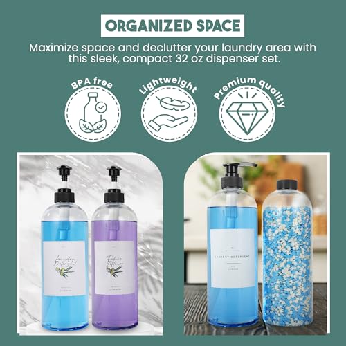 Lou & Rae Laundry Detergent Dispenser Set w/ 8 Waterproof Labels - 2 Pack 32oz PET Plastic Fabric Softener Dispenser - Liquid Laundry Detergent Container - Laundry Room Décor & Storage