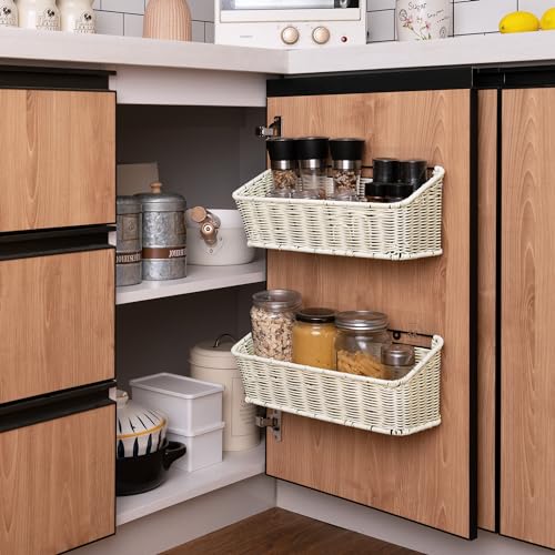 GRANNY SAYS Wicker Hanging Basket, 2 Pack Storage Baskets for Organizing, Adhesive Wall Mount Fruit Basket, Kitchen Organization Hanging Shelves, Storage Cabinet Door Organizer, Off White - color: Off White