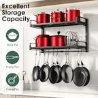 19"- 30" Expandable Hanging Pot Rack, 2 Tier Heavy Duty Wall Mounted Pots and Pans Organizer with 10 Hooks and 5 Pot Lid Holders, Pot Hanger Shelf for Kitchen Cookware Utensils Organizers and Storage