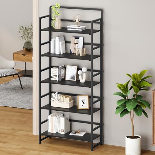 No Assembly Folding Bookshelf, 5 Tiers Collapsible Book Shelf for Home Office, Vintage Wood Foldable Bookcase Storage Organizer for Living Room Bedroom (Black) - color: Black, size: 5-tier