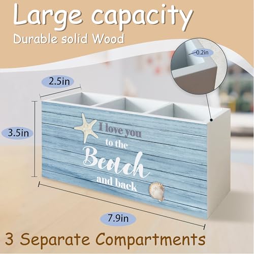 Beach Pen Holder for Home Office Kitchen Desk Decor, I Love You to the Beach and Back Wooden Pencil Holder Sign Organizer for Home Office Desk Accessories, Coastal Gifts for Women Men - color: blue and white