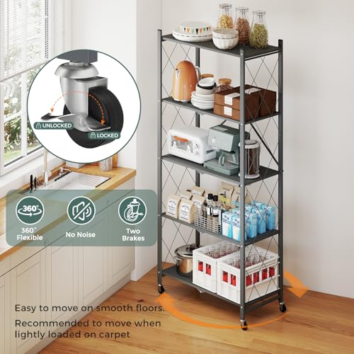 DEANIC 70.7" Tall Extra Large 5-Tier Folding Storage Shelf with Wheels, No Assembly Collapsible Metal Rack with Leveling Feet for Garage, Pantry, Basement, Vendor Display, Kitchen(Gray,1 Pack) - color: Grey