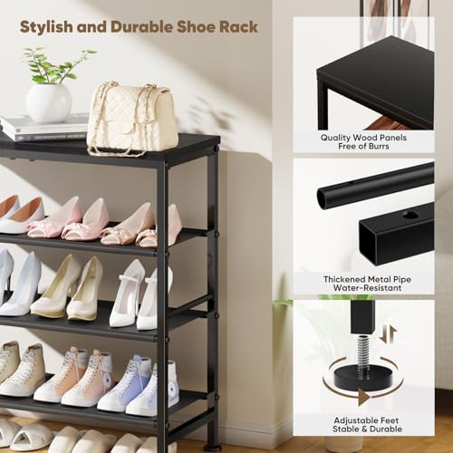 Mavivegue Shoe Rack Organizer, 4-Tier Metal Shoe Storage with Non-Woven Fabrics Shelves and Wooden Top Board, Shoe Rack for Entryway Bedroom Living Room Garage, Black - size: 4 Tier