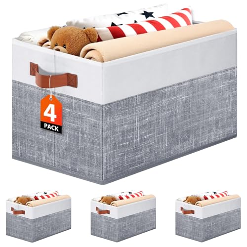 Fab totes Collapsible Storage Baskets for Shelves,14"x10", 4 Pack Foldable Fabric Storage Bins with Double Leather Handles, Large Baskets for Organizing Books, Clothes, White & Grey - color: Grey, size: 4pack