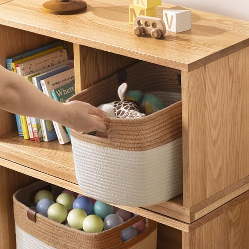 UBBCARE 4 Pack Baskets for Organizing, Woven Storage Baskets with Label for Toys and Towel, Rectangle Cotton Rope Basket with Handles, 14''L x9''W x8''H, Jute&White - color: Jute&White, size: 4 Pack - 14 X 8 X 9 Inches