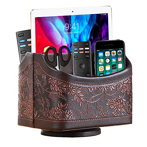 Fanousy 360° Rotating Remote Control Holder, PU Leather TV Remote Caddy Organizer Basket Storage Box with 5 Compartments for Pen, Pencil, Art Supplies, Makeup Brush, Office Desk Table Accessories - color: Antique