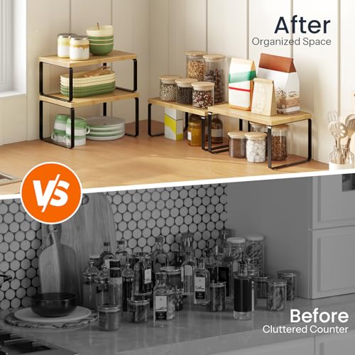 HOOBRO Cabinet Organizer Shelf, Set of 4 Kitchen Counter Shelves, Expandable Kitchen Storage, Stackable Bamboo Spice Rack, for Kitchen, Countertop, Office Desk, Bathroom, Natural and Black YB30TLP201 - color: Natural, Black