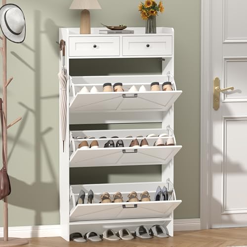 Thacuok Shoe Cabinet with 3 Flip Drawers & 2 Storage Drawers, Rustic Farmhouse Narrow Shoe Organizer Cabinet, Slim Shoe Rack Cabinet, Shoe Storage Cabinet for Entryway, Hallway, Front Door - color: White, size: 3 Drawers
