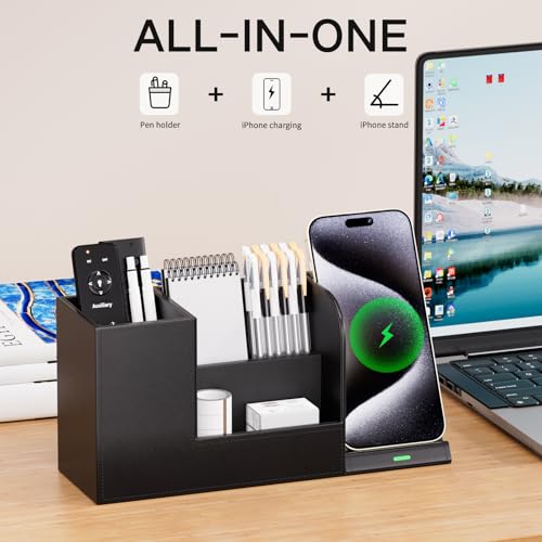 LADSTAG Pen Organizer with Phone Stand,Black Vegan Leather Desk Organizers with Remote Control Holder,Pencil Holder for Desk,Desk Organizer with Phone Charger for Office/Nightstand/Endtable - color: Black, size: L