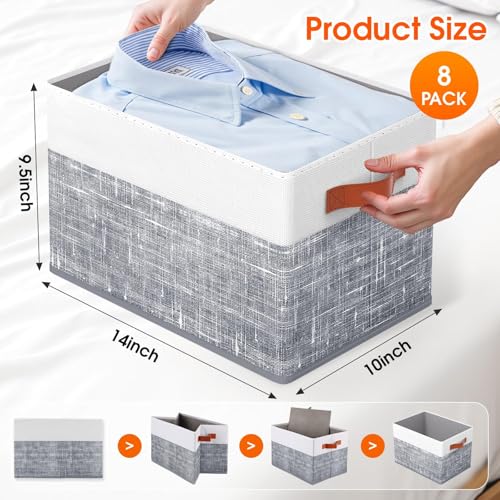 Fab totes Collapsible Storage Baskets for Shelves,14"x10", 8 Pack Foldable Fabric Storage Bins with Double Leather Handles, Large Baskets for Organizing Books, Clothes, White & Grey - color: Grey, size: 8pack