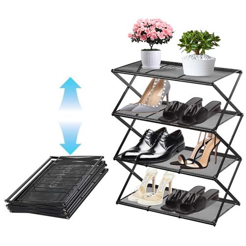 Shoe Rack for Entryway 4 Tier Foldable Shoe Rack Without Assembly Collapsible Metal Shoe Organizer Folding Shoe Storage Rack for Door, Living Room, Black - color: X Shape(black), size: 4 Tier