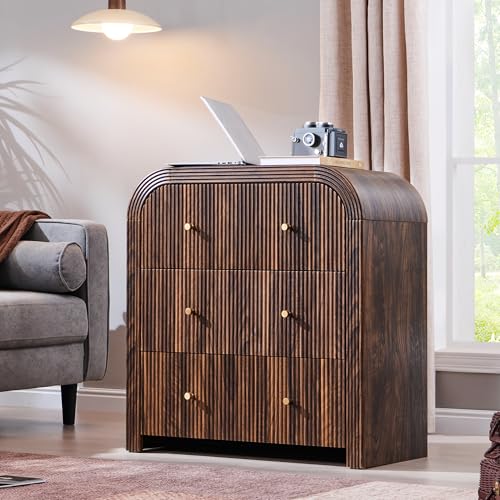T4TREAM Fluted Dresser with 3 Drawers, 32" Tall Modern Chest of Drawers with Thickened Curved Profile Design, Wood Closet Clothes Storage Organizer for Bedroom, Living Room, Hallway, Dark Walnut - color: Dark Walnut, size: 15.7"D x 30"W x 32"H (3 Drawers)