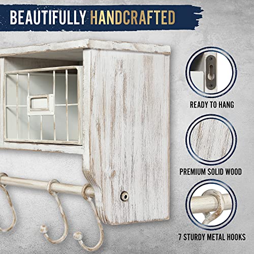 HBCY Creations Wall Mounted Shelf with Coat Hooks and Baskets, Solid Wood Entryway Organizer Wall Shelf with Hooks - Hang Coats, Keys or Coffee Mugs, Rustic Whitewashed 24" Wide - color: Whitewashed