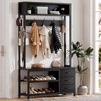 Lulive Hall Tree with Bench and Shoe Storage, 31.5" Coat Rack Freestanding with 2-Tier Storage Shelf, 6-in-1 Entryway Bench Coat Rack with 12 Hooks and 3 Drawers(Black) - color: Black