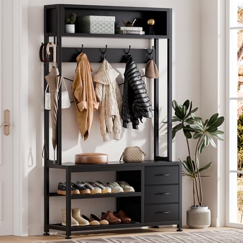 Lulive Hall Tree with Bench and Shoe Storage, 31.5" Coat Rack Freestanding with 2-Tier Storage Shelf, 6-in-1 Entryway Bench Coat Rack with 12 Hooks and 3 Drawers(Black) - color: Black