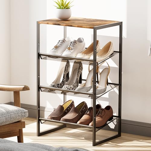 Garden 4 you Shoe Rack for Closet Narrow 4 Tiers, Small Shoe Rack with Brown Wooden Tabletop, Adjustable Metal Shoe Shelf for Closet Entryway Hallway Living Room - color: Brown, size: 4-Tier