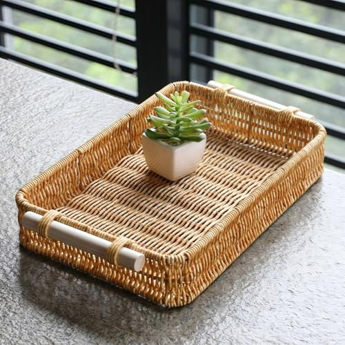 GIB Woven Baskets Serving Trays with Handle, Small Rectangle PP Wicker Rattan Trays Bread Basket for Serving Food, Vegetables, Breakfast, Coffee Table Decor, 14" & 12", Set of 2 - color: Rectangular - Set of 2