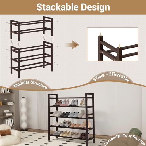Haddockway Bamboo Shoe Rack for Closet, Free Standing Shoe Organizer with Smooth Round Rods & Convenient Handles, Stackable Shoe Storage Shelf for Entryway, Hallway(Brown, 5-Tier) - color: Brown, size: 5-Tier_Standard