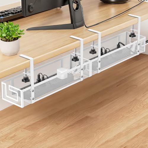 Under Desk Cable Management Tray, GZOKMOG No Drill Cable Management Under Desk, Heavy Duty Metal Cord Organizer, Home Office Wire Management for Gaming/Standing Desk, 2 Pack White, 15.75 inch - color: White-2 pack