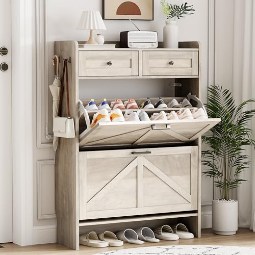 Shoe Cabinet with 2 Flip Drawers & 2 Top Drawers, 43" Tall Freestanding Narrow Wooden Shoe Storage Organizer for Entryway, Hidden Slim Shoe Rack for Front Door Entrance, Hallway, Living Room, Grey - color: Grey, size: 2 Flip Drawers