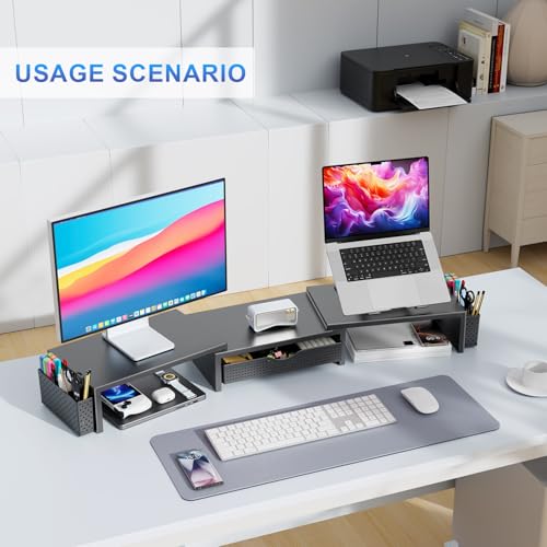 gianotter Dual Monitor Stand Riser, Desk Organizer With Drawer and 2 Pen Holders, Computer Monitor Stand, Shelf for Top of Desk, Black - color: Black