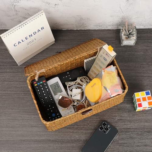Sumnacon Wicker Basket with Lid Rectangle Woven Baskets for Toiletries Tampon Storage,Wicker Storage Basket with Lid,Decorative Seagrass Storage Baskets for Shelf Bathroom Toilet Table, Caramel - color: Caramel, size: Medium