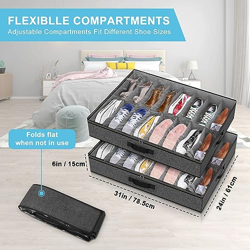Under Bed Shoe Storage Organizer for Closet, 32 Pairs Sturdy Underbed Shoe Storage Boxes Bins Container Foldable Shoes Storage with Reinforced Handles & Clear Window for College Dorms Grey, Set of 2 - color: Basalt Grey