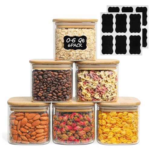 ComSaf 0.6 Qt Glass Food Storage Jars Set of 6, Clear Storage Containers with Airtight Lids, Pantry Organization Jar, Spice Jar, Blooming Tea, Coffee and Sugar Container, Canister Set for Kitchen - size: 0.6Qt*6