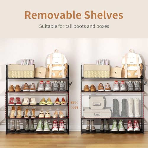 Metal Shoe Organizer,5 Tiers Shoe Storage Shoe Rack with Hooks,Fit 20-25 Pairs,Adjustable Shoe Shelf for Entryway,Hallway,Bedroom,Metal Bottom Support - size: 5 Tier