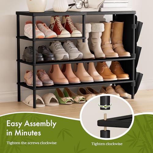 Bamboo Shoe Rack, 4 Tiers Shoe Organizer for Closet, Shoes Storage for 20-24 Pairs, Freestanding Shoe Shelf with Removable Pocket for Entryway Bedroom Front Door Dorm, Black - color: Black