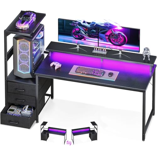 AODK 59 Inch Gaming Desk with LED Light- Reversible Computer Desk with Storage Shelves & Monitor Stand, Modern Gamer Desk Table with Fabric Drawers, Black - color: Black, size: 59 inches