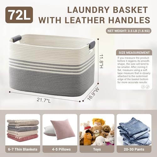 72L Large Laundry Basket with Leather Handles for Living Room Storage, Woven Rope Baskets Bin for Blanket, Kids Toy, Gifts, Wicker Hamper for Bedroom Dirty Clothes, 22"x17"x12" White Grey - color: Grey, size: 72L