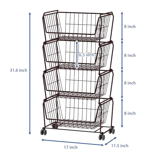 PUSDON 4-Tier Spacious Stackable Wire Storage Baskets with Wheels, Metal Rolling Utility Cart, Produce Basket for Pantry, Bathroom Organizer Shelf, Vintage Bronze - color: Vintage Bronze, size: 4 Tier Standard
