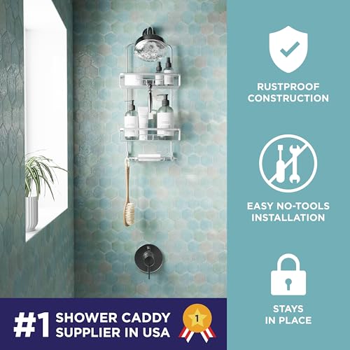 Zenna Home Rustproof Hanging Shower Caddy, Over the Shower Head Caddy with 2 Shelves and Built In Hooks, Aluminum Bathroom Hanging Organizer, Satin Chrome - color: Satin Chrome