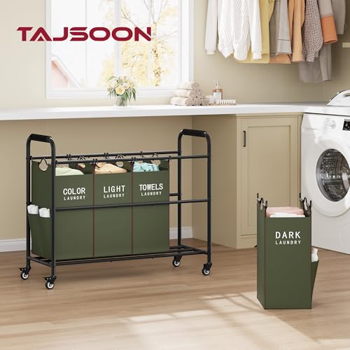 Tajsoon 4 Bag Laundry Sorter Cart, 4 Section Laundry Hamper Sorter with Heavy Duty Lockable Rolling Wheels, Laundry Separator Hamper with Removable Bags for Dirty Clothes Storage, Green - color: Green