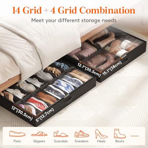 Lifewit Under Bed Shoe Storage Organizer 2 Pack(14 Shoes Cells+4 Boots Cells), 4.3 Inches Profile Fabric Shoes Container Box with Clear Cover, Foldable Storage Bag with 2 Handles, Fits 22 to 36 Pairs - style: 14 Shoes Cells+4 Boots Cells