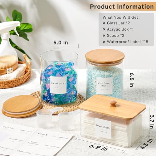 Glass Laundry Pods Container & Acrylic Dryer Sheet Holder with Bamboo Lids, Scoops & Labels | Premium Laundry Room Organization and Storage for Detergent Pods, Powder, Dryer Balls & Beads - color: Bamboo Cap