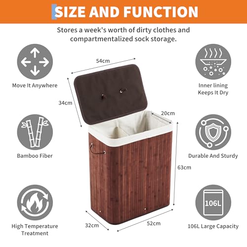 Bamboo Laundry Hamper Large 106L with Removable 4-Section Liner, Foldable Storage Basket with Lid and Handles for Bedroom, Laundry Room, Small Spaces – Brown- Rectangle - color: Brown - Rectangle