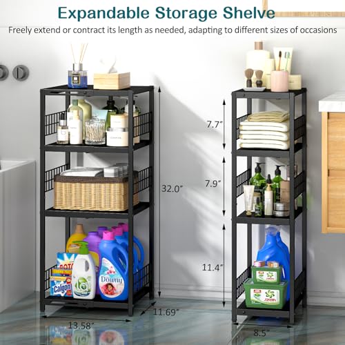 DAOUTIME Expandable Slim Storage Shelf, 4 Tier Metal Shelving Unit for Bathroom Storage Organizer, Freestanding Narrow Shelf for Small Spaces, Open Floor Shelves for Bathroom, Laundry Room, Kitchen - color: Black, size: 4-tier