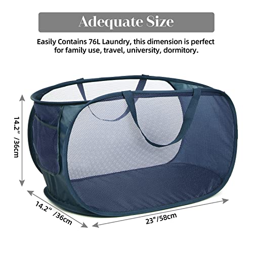 Durable Collapsible Laundry Baskets, Mesh Pop Up Laundry Hamper with Side Pocket, Foldable Clothes Storage Hamper with Reinforced Carry Handles for Laundry, Bathroom, Kids Room, Dorm or Travel Navy - color: Navy Blue