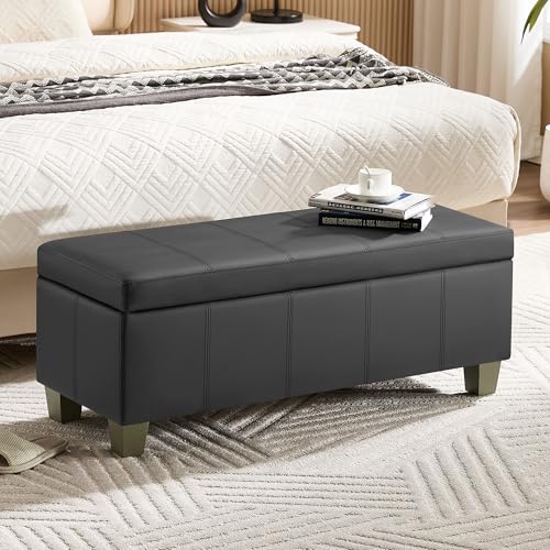WUTUTUEE 41" Faux Leather Storage Ottoman, Stitch Tufted Rectangle Upholstered End of Bed Storage Bench, Entryway Large Couch Ottoman with Wooden Legs,Dark Grey - color: Dark Grey, size: 41 Inch
