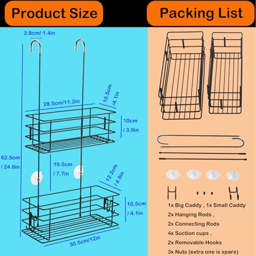 Shower Organizer Hanging Shower Caddy with Rotatable Hook bar Over the Door and Can be Hung on the Faucet or Claw Foot, Stainless Steel Rust Proof and Durable （Black） - color: Black, size: 2-Tier