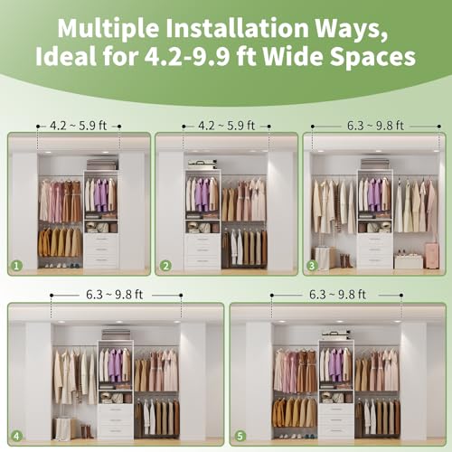 Closet System with 3 Drawers, 4–8.5 Ft Closet Organizer System with 5 Adjustable Hanging Rods & Shelves, Wood Walk-In Closet System, Built-In Modular Closet Kit, Sturdy Garment Rack, White