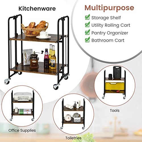 Giantex Foldable Storage Shelves with Wheels, No Assembly 2-Tier Rolling Cart, 2 of The Wheels Have Locks, Microwave Utility Cart Baker Rack, Portable Storage Rack w/Metal Frame, for Kitchen, RV - size: 27'' Tall
